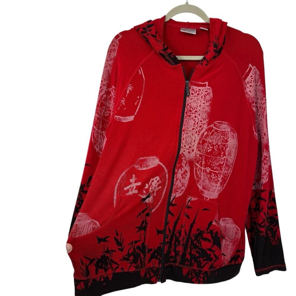 Chicos Travelers Jacket 3 XL Red Black Lantern Print Zip Hooded Art Top - Picture 2 of 11